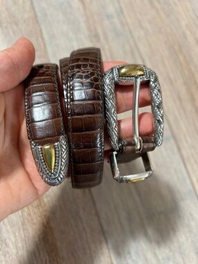 Brighton Brown Croc-Embossed Leather Belt with Silver & Gold Buckle size 32